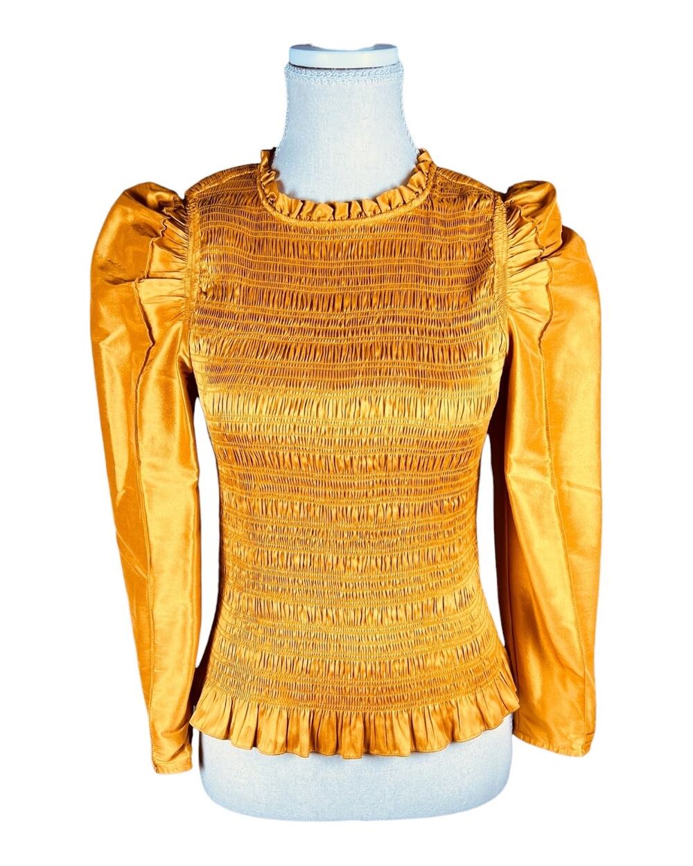 Ulla Johnson Aurele Marigold Silk Blend Smocked Puff Sleeve Top Size 2 Small